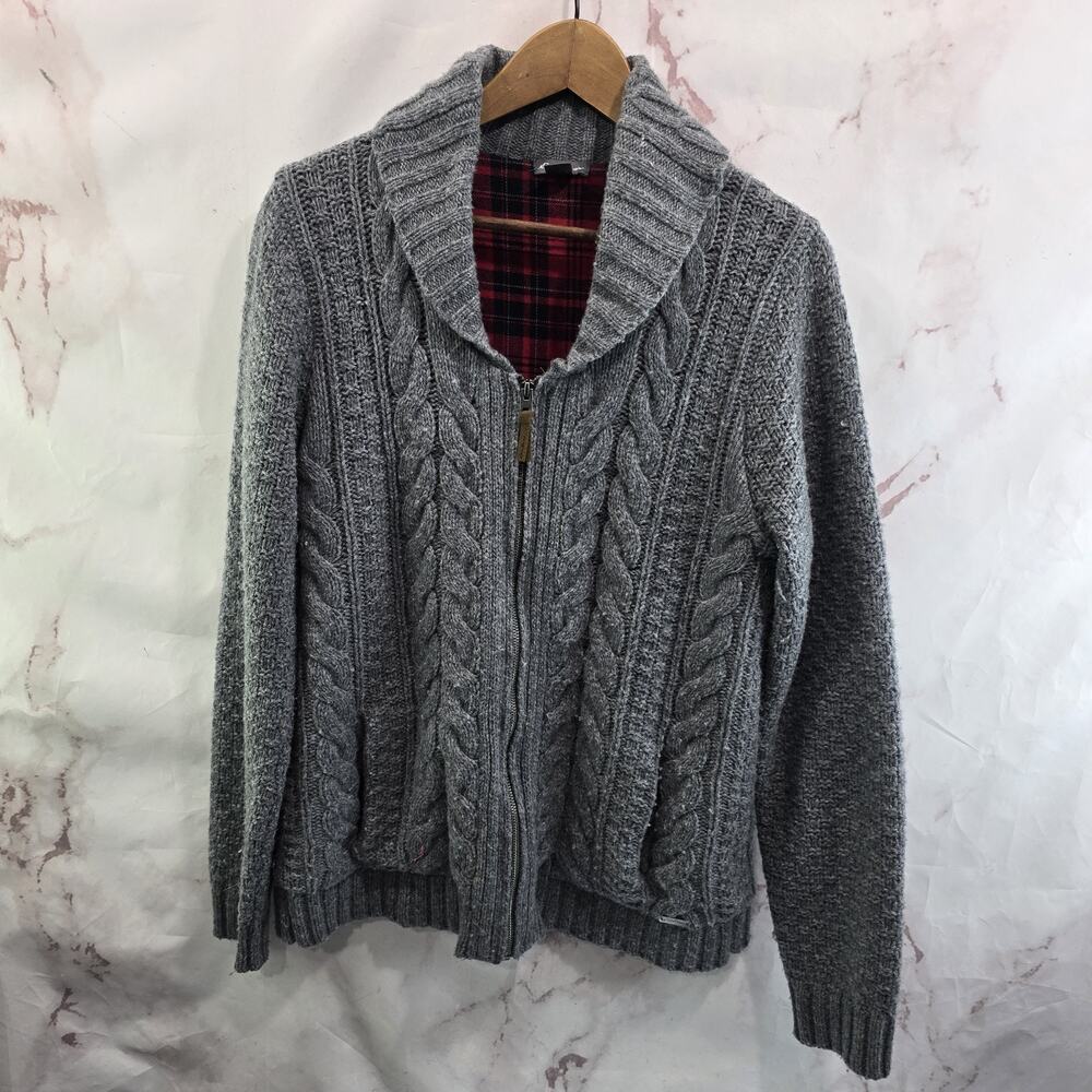 Eddie Bauer Sweater Womens Medium Gray Knit V Shawl Flannel Lined Lambswool Vtg